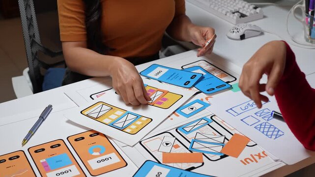 Web designers refining mobile app prototype with paper mockups