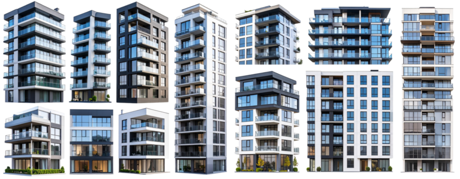 - Set of modern apartment buildings in various styles, isolated on transparent background PNG