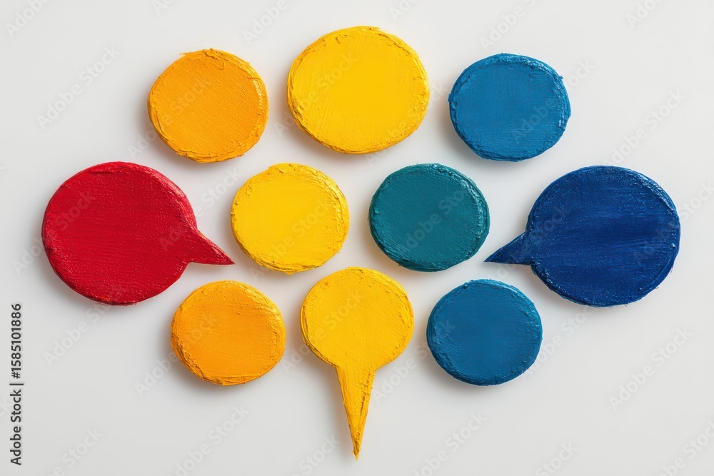 Poster colorful abstract speech bubbles composed of painted circular shapes representing communication dyna