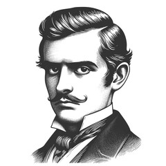 serious Victorian man with a styled mustache, formal attire, and classic side-parted hair sketch engraving generative ai fictional character vector illustration. Scratch board. Black and white image.