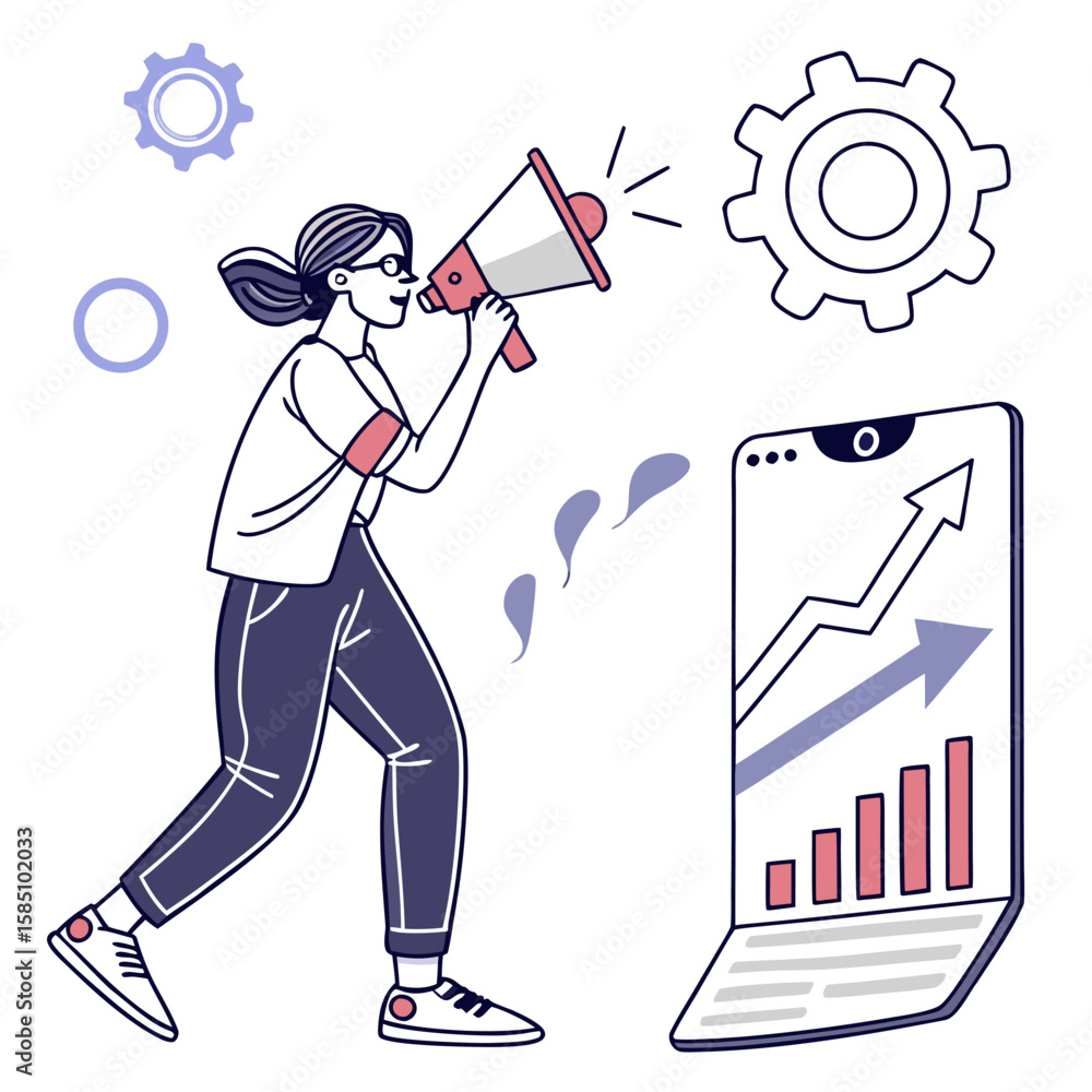 Poster woman shouting into megaphone next to laptop showing bar graph and arrow with gears in background