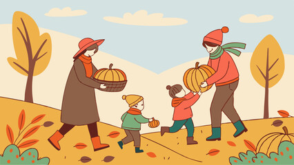 Fototapeta premium Family picking pumpkins in autumn, enjoying the fall season together.