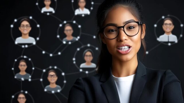 A young, confident professional woman in glasses stands in front of a digital network of diverse avatars, representing global connectivity and modern business.