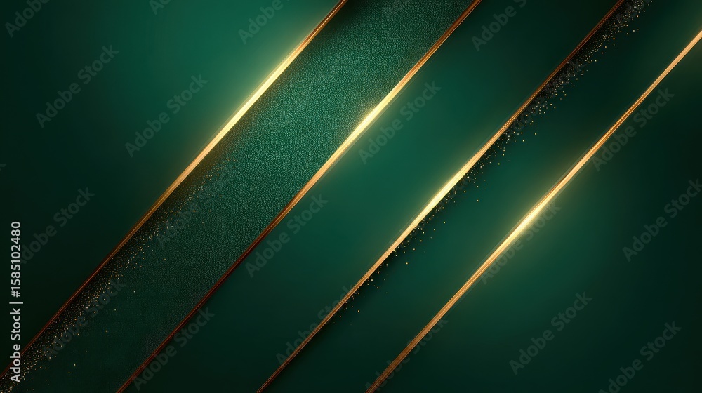 Poster emerald and gold striped abstract background with sparkles and subtle shadows