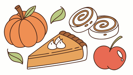 A festive assortment of autumnal treats including a pumpkin, a slice of pie, cinnamon rolls, and an apple.