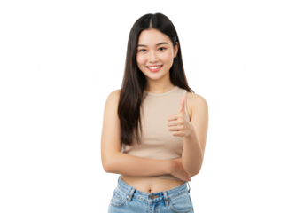 A young asian woman gives a thumbs up gesture while smiling, isolated on a transparent background