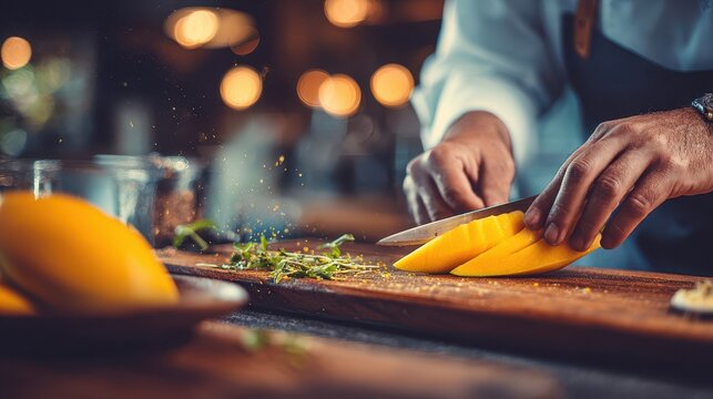 Chef skillfully slicing fresh mango on a wooden cutting board.