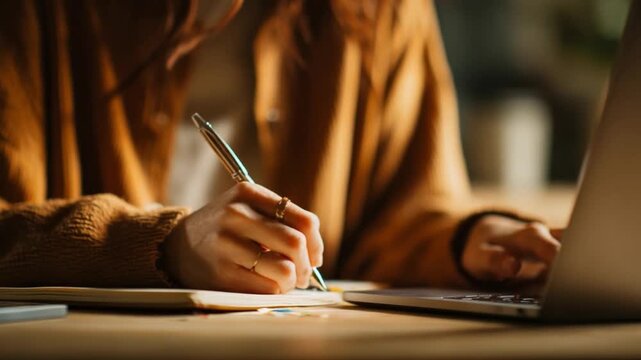 Focused Writing: A close-up shot showcases a person diligently writing with a pen on paper, accompanied by an open laptop, emphasizing the act of focused creation.