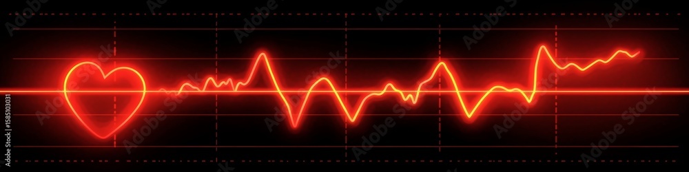 Poster dynamic cardiac monitor display with pulsing heartbeat line and vital signs in red illumination
