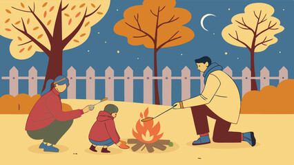 Family roasting marshmallows around a campfire under a starry night sky.