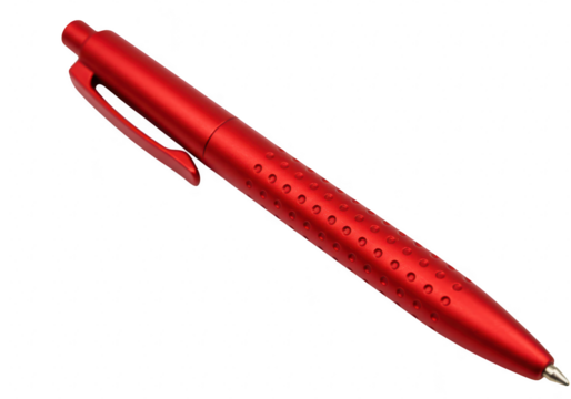 A sleek red metal pen with a textured grip lies diagonally on a plain transparent background