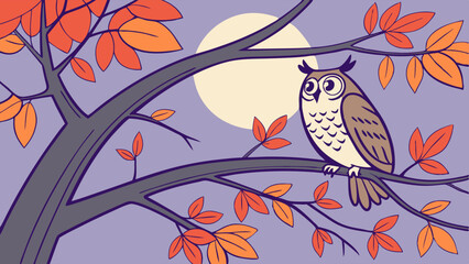 Owl perched on a branch of a tree at night, surrounded by autumn leaves.
