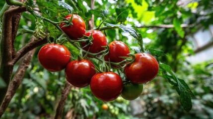 Obraz premium Cluster of ripe red tomatoes on vine