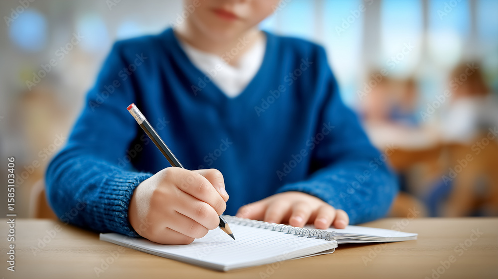 Poster child focused on writing in spiral notebook with pencil. bright classroom setting with blurred backg