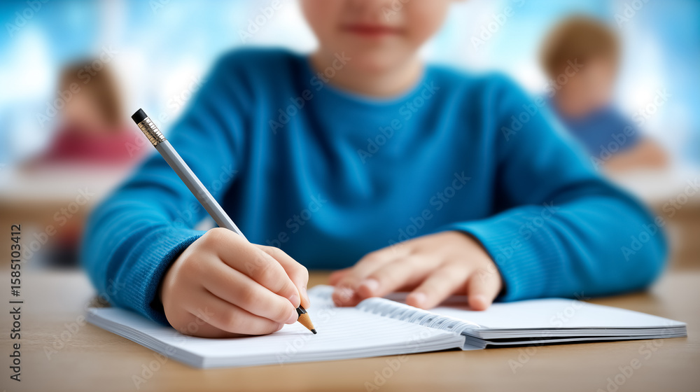 Poster child focused on writing in a notebook with pencil. classroom setting with soft light, other student