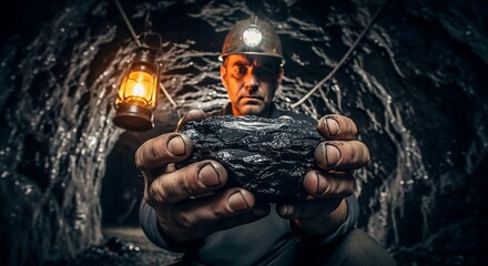 Close Up of Miner Holding Coal in Underground Tunnel
