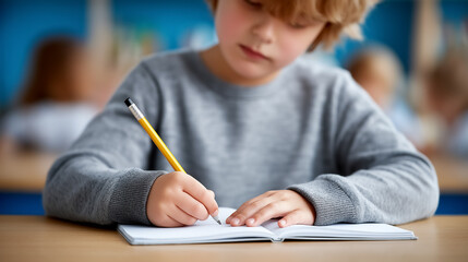 Child writes in notebook with pencil while seated at desk in classroom environment. Focused learning atmosphere with peers present. Concept of education, childhood development, school supplies
