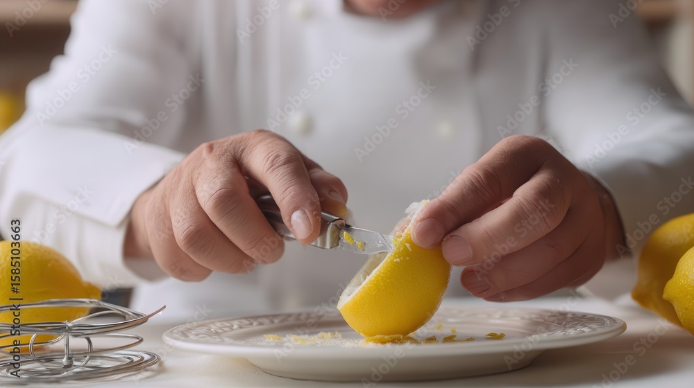 Poster chef using a lemon zester.
