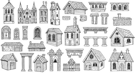 Naklejka premium Vintage Hand-Drawn Architectural Elements: Buildings, Windows, Doors, and Classic Columns