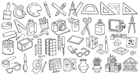 Fototapeta premium Comprehensive hand-drawn collection of art, design, and architecture tools and supplies