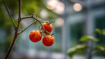 Close-up of three vibrant orange tomatoes on a branch, slightly out of focus background
