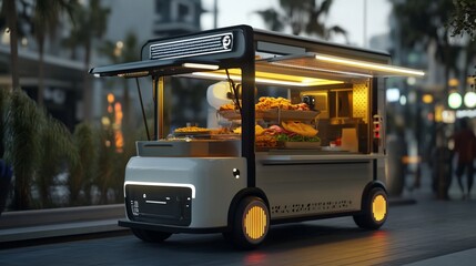 Futuristic Food Cart: Mobile Dining Experience in a Modern Urban Setting