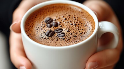 Fototapeta premium Close-up of a steaming coffee cup adorned with coffee beans held by hands