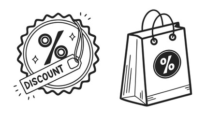 Illustration of a discount tag with a percentage sign and a shopping bag with a percentage sign on it too