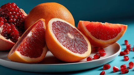 Colorful blood orange slices and pomegranate seeds arranged elegantly on a white plate against a bright blue background