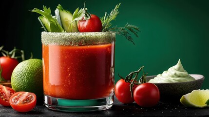 Delicious Bloody Mary cocktail with horseradish cream garnished with cherry tomato and cucumber on a vibrant green background