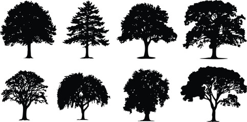 Silhouette set of various trees in black, including pine, oak, and palm, ideal for nature, forest, and landscape-themed graphic designs.