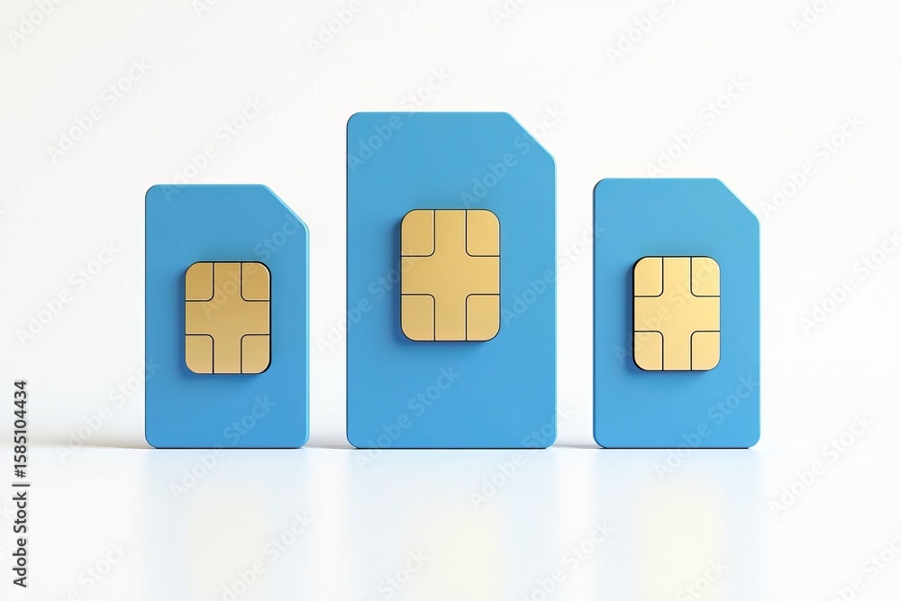 Poster blue sim card set in different sizes for mobile network identification, telecommunication technology