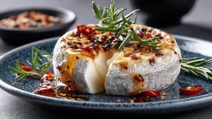 Cured goat cheese served on rustic plate with spices and herbs in a top view display for a delightful Spanish appetizer experience