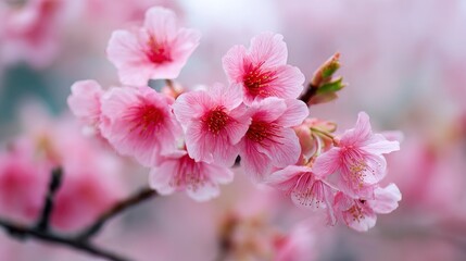 A cluster of delicate, pink cherry blossoms glows softly against a blurred, pastel pink background