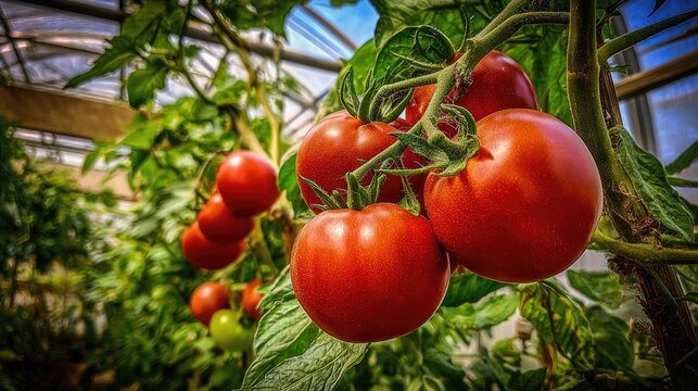 Red tomatoes ripening on a vine, within a greenhouse setting