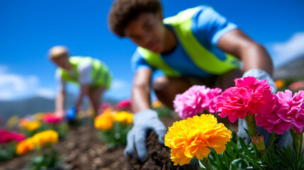 Fototapeta premium Volunteers engage in planting vibrant flowers in a lively garden. Clear blue sky above and rich earth below, reflecting the joy of community gardening