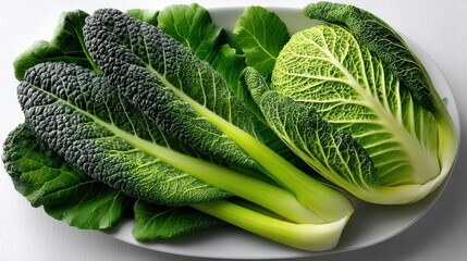 Fresh green kale leaves arranged neatly on a white plate creating an appealing top view presentation showcasing their texture and color