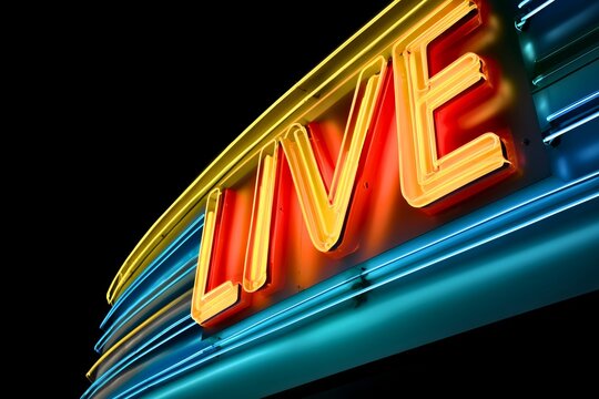 Close-up of neon “LIVE” sign detail on metallic facade