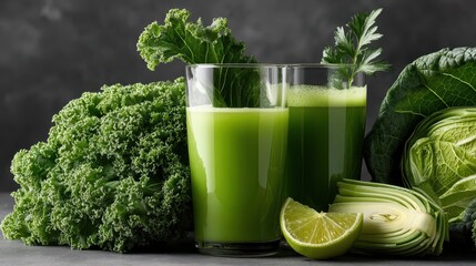Fresh green kale juice smoothie served with vibrant kale leaves on a gray background