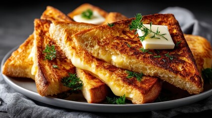 Golden toasted bread triangles with melted butter on a white plate against a gray backdrop