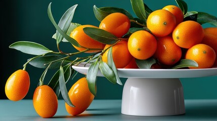 Small Chinese kumquats displayed on a white stand against a vibrant green background