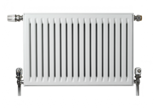 A white panel radiator with chrome valves and pipes, a common heating element for homes, isolated on white isolated on transparent background