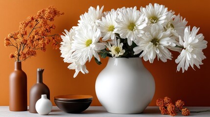 Beautiful white chrysanthemum flowers in a white vase with an orange background creating a vibrant and fresh atmosphere