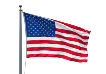 The american flag waves proudly on a flagpole against a clear transparent background, symbolizing freedom and unity