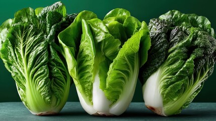 Fresh romaine lettuce hearts arranged on a white table with a vivid green background during daylight