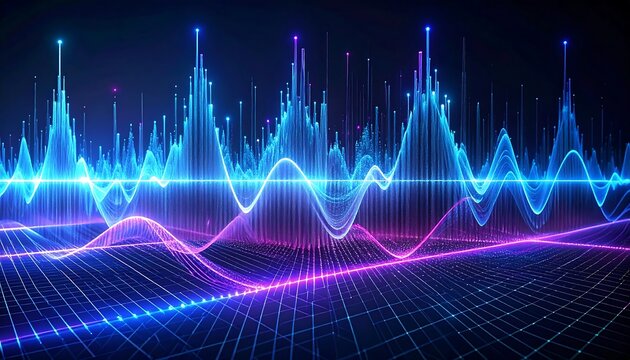 Abstract digital landscape of glowing waveforms and data points - Powered by Adobe