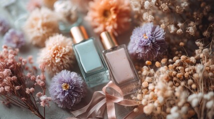 flatlay of pastel cosmetics bottles with ribbon and dried flowers.