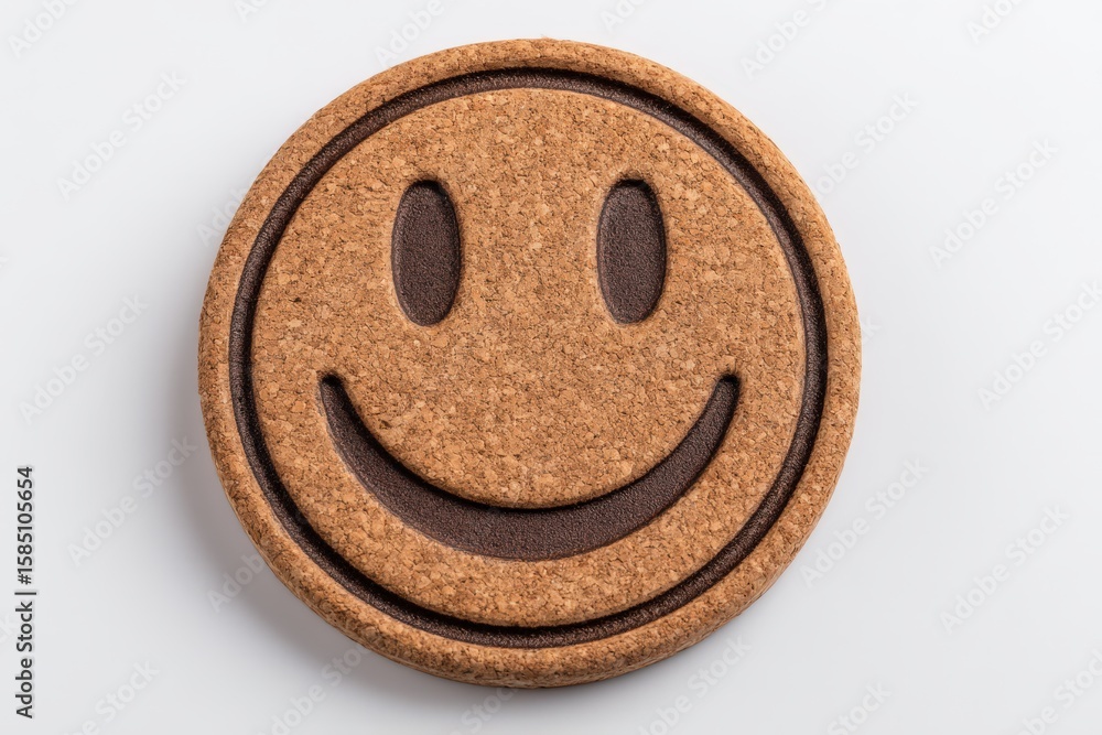 Poster smiling cork coaster with a cheerful expression serving as a playful home decor item evoking warmth 