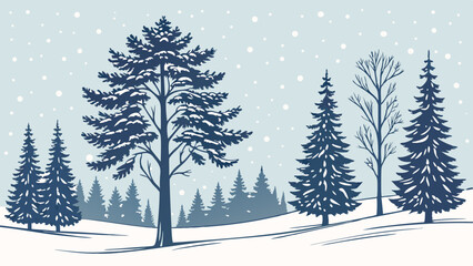 Winter forest landscape with snow and pine trees.