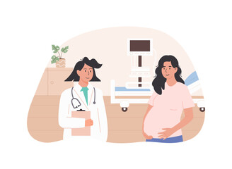 Pregnant woman during prenatal hospital visit with female doctor. Prenatal healthcare visit. Pregnancy monitoring and maternal care concept. Clinical maternity care scene. Vector illustration. 